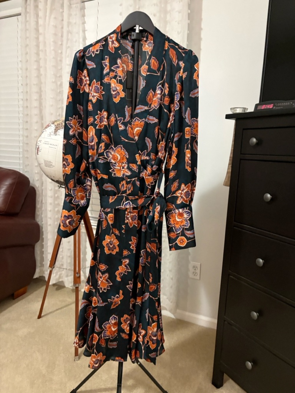 BCBGMaxAzria Dark Green Floral Long-Sleeve Wrap Dress with Orange Print